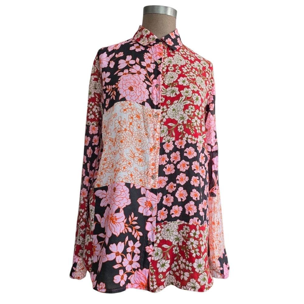 JOHNNY WAS Workshop Flora Mix Print Button-Up Cotton Shirt Size Small